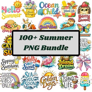 Könnte beinhalten: Eine Sammlung farbenfroher PNG-Grafiken zum Thema Sommer. Die Designs umfassen Sätze wie "Hello Summer", "Ocean Child" und "Island Life" sowie Illustrationen von Sonne, Regenbogen und Flamingo. Der zentrale Text lautet "100+ Summer PNG Bundle."