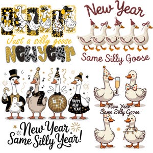 Op de afbeelding: Een verzameling grillige illustraties met ganzen die het nieuwe jaar vieren. De ontwerpen omvatten ganzen in feestelijke kleding, de tekst "New Year, Same Silly Goose" en andere feestelijke elementen.
