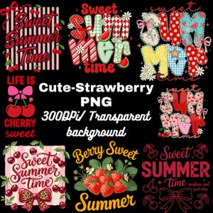 Puede incluir: Una colección de gráficos coloridos con temática de verano con texto. Los diseños incluyen "Sweet Summer Time", fresas, cerezas y la frase "Cute-Strawberry PNG". Los gráficos son vibrantes y adecuados para varios proyectos creativos.