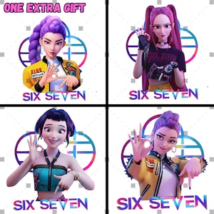 Puede incluir: Cuatro figuras femeninas animadas con diferentes peinados y atuendos, cada una posicionada frente a un diseño circular colorido. El texto "SIX SEVEN" está en la parte inferior de cada imagen. La parte superior de la imagen tiene el texto "ONE EXTRA GIFT".