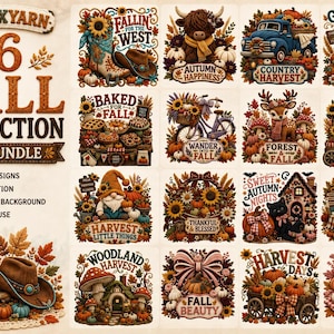 May include: A digital collection of 16 autumn-themed graphic designs featuring seasonal motifs like pumpkins, sunflowers, gnomes, and rustic vehicles. The text includes phrases such as Fallin for the West, Autumn Happiness, Country Harvest, Gather and Gobble, Baked for Fall, Wander into Fall, Forest and Fall, Apple Pickin Days, Harvest Little Things, Thankful and Blessed, Sweet Autumn Nights, Cozy Campfire Days, Woodland Harvest, Fall Beauty, Harvest Days, and Pumpkin Spice Please.