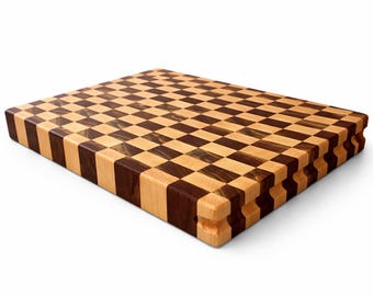 Handcrafted End Grain Cutting Board – Walnut & Maple Butcher Block, Hand-Grooved Sides