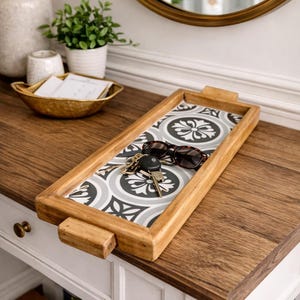 Handcrafted Rustic Pine Wood & Ceramic Tile Serving Tray, Farmhouse Decor