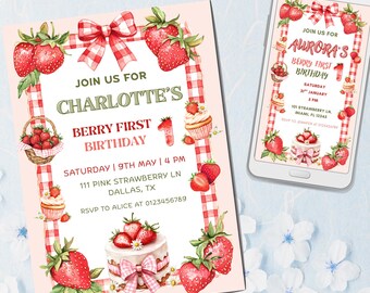 May include: A pink birthday invitation with a strawberry theme. The invitation features watercolor illustrations of strawberries, cupcakes, and a cake. The text reads "Charlotte's Berry First Birthday" and includes event details. A smartphone displays a similar invitation.