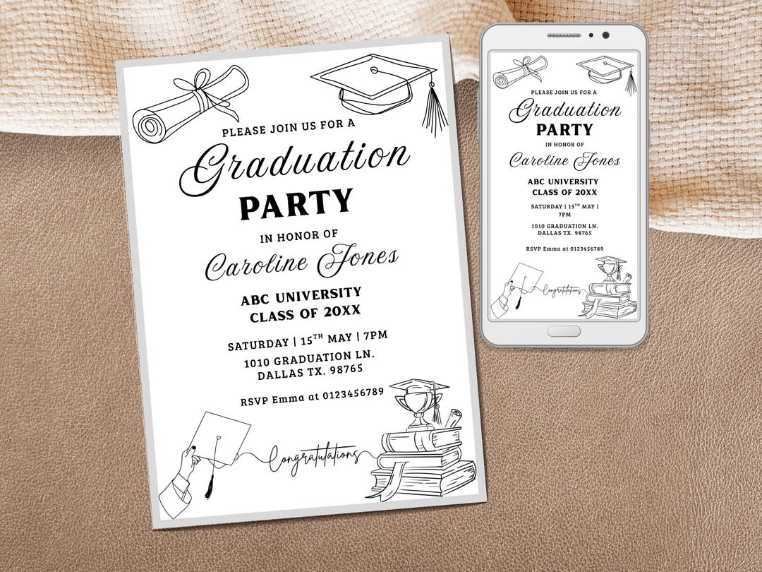 Generic Grad Invite Graduation Invitation, Grad Party Invite, Minimalist Black & White ...