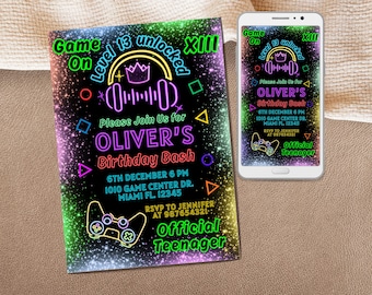 May include: A black invitation with neon green, pink, and yellow text and graphics for Oliver's 13th birthday. The invitation includes a game controller, headphones, and the words "Game On" and "Official Teenager."