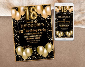 May include: A black and gold 18th birthday party invitation with gold balloon decorations. The invitation includes party details and a matching digital invitation on a smartphone.