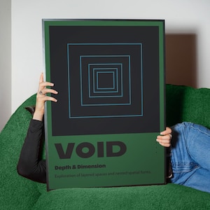 May include: A framed art print with a black and green border. The artwork features a black square with nested blue squares and the word "VOID" in bold letters. Below, it reads "Depth & Dimension" and "Exploration of layered spaces and nested spatial forms."