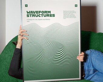 Waveform Structures Teal, Minimal Line Art Poster, Abstract Waves Wall Art Print