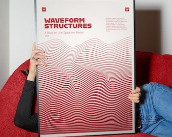 Waveform Structures Red, Minimal Line Art Poster, Abstract Waves Wall Art  Print
