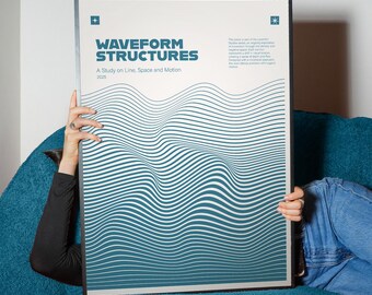 Waveform Structures Teal, Minimal Line Art Poster, Abstract Waves Wall Art Print