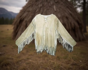 Camicia da guerra in pelle scamosciata con perline fatta a mano e frange – Regalia Powwow in stile nativo / Camicia in pelle western