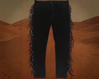 Pantalones de cuero estilo vaquero para hombre – Conjunto estilo western con flecos
