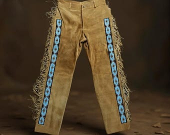 Pantalones de cuero estilo western retro para hombre – Conjunto vaquero con flecos