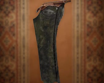 Handmade Western Riding Chaps for Men – Cowboy Fringe Suede Leather Pants with Beads