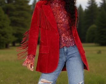 Ręcznie robiona zamszowa kurtka w stylu western z frędzlami, płaszcz vintage cowgirl