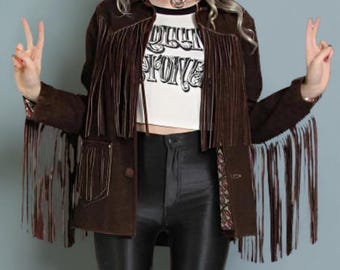 Kurtka ze skóry zamszowej z frędzlami w stylu vintage, ręcznie robiony płaszcz kowbojski w stylu western