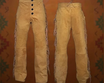 Pantalones vaqueros con flecos para hombre – Conjunto de cuero estilo western hecho a mano