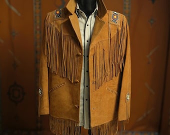 Płaszcz z zamszu w stylu vintage z frędzlami | Kurtka kowbojka w stylu western boho, ręcznie robiony element garderoby
