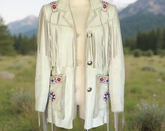 Ręcznie robiona zamszowa kurtka kowbojka z frędzlami, w stylu vintage western