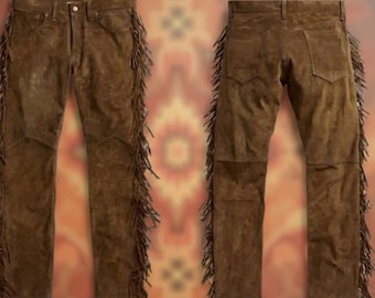 Pantalones de cuero retro para hombre – Conjunto vaquero occidental con flecos