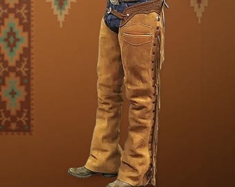Cowboy Riding Chaps for Men – Suede Leather Fringe Pants Handmade Western Style