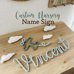 Puede incluir: Un letrero personalizado para guardería con el nombre Vincent escrito en letras cursivas de hilo azul claro, acompañado de un avión de hilo verde azulado oscuro y cuatro pequeñas nubes de fieltro blanco sobre una superficie de madera.
