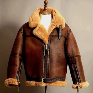 Men’s Brown Shearling Leather Aviator Jacket, Vintage Sheepskin Bomber Coat