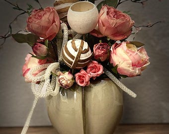 Centro de mesa floral de primavera, decoración de mesa de Pascua / Arreglo floral de peonías coral de seda, regalo del Día de la Madre para ella, acento decorativo de estilo cottagecore para el hogar