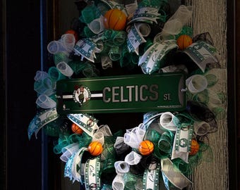 Corona de baloncesto de los Boston Celtics para la puerta principal, regalo para aficionados de la NBA, decoración para el porche de Boston, corona para la cueva del hombre deportista, decoración para el hogar en el día del partido.