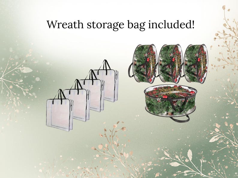 Puede incluir: La imagen muestra coronas y bolsas de almacenamiento. Se muestran cuatro bolsas transparentes con asas negras, junto con cuatro coronas. Las coronas est&aacute;n llenas de vegetaci&oacute;n y acentos rojos. El texto en la parte superior dice "&iexcl;Bolsa de almacenamiento de coronas incluida!"