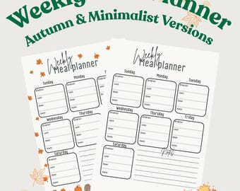 Op de afbeelding: Twee witte wekelijkse maaltijdplanners met een herfstthema. De tekst "Weekly Meal Planner" is groen, met daaronder "Autumn & Minimalist Versions". De planners hebben secties voor elke dag van de week, met ruimte voor maaltijden en snacks.