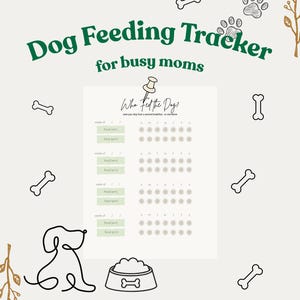 Peut inclure: Un suivi d'alimentation pour chiens pour les mamans occupées. Le design présente un fond crème avec du texte vert et un dessin au trait noir d'os de chien, d'empreintes de pattes et d'un bol pour chien. Le texte indique "Dog Feeding Tracker" et "Who Fed the Dog?"