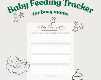 May include: A baby feeding chart designed for busy mothers, with space to log feeding times, amounts, and other information. The design includes star illustrations, wooden blocks spelling "BABY", and a baby bottle graphic. The text reads "Baby Feeding Tracker for busy moms."