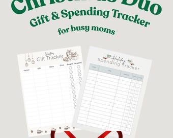 May include: A Christmas Duo gift and spending tracker for busy mums. The image shows two printable sheets, one for gifts and one for spending, with festive holly and a red bow design.