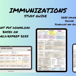 Pode incluir: Guia de estudo digital para imunizações, com um laptop, tablet e smartphone exibindo horários e diretrizes de vacinação. O texto inclui "IMMUNIZATIONS STUDY GUIDE" e "2025 UPDATED VACCINE SCHEDULES AND GUIDELINES."