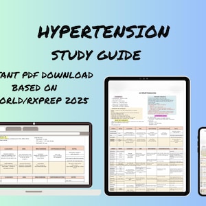 Könnte beinhalten: Ein digitaler Studienführer für Hypertonie, angezeigt auf einem Laptop, Tablet und Smartphone. Der Leitfaden enthält den Text "Hypertension Study Guide" und "Instant PDF Download Based on UWorld/RxPrep 2025". Der Hintergrund ist ein Farbverlauf aus Blau und Grün.