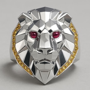 Può includere: Anello a forma di leone in argento con design geometrico. Il leone ha occhi color rubino e un bordo di pietre preziose gialle. Un gioiello audace.