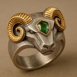 Może przedstawiać: Srebrny pierścionek z motywem głowy barana. Rogi barana są złote, a między nimi osadzony jest zielony kamień szlachetny. Pierścionek ma szczegółowy, teksturowany wygląd, z naciskiem na rysy twarzy barana.