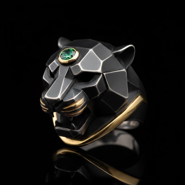 Black Panther Ring Sterling Silver Gold Accents Green Stone Statement Jewelry