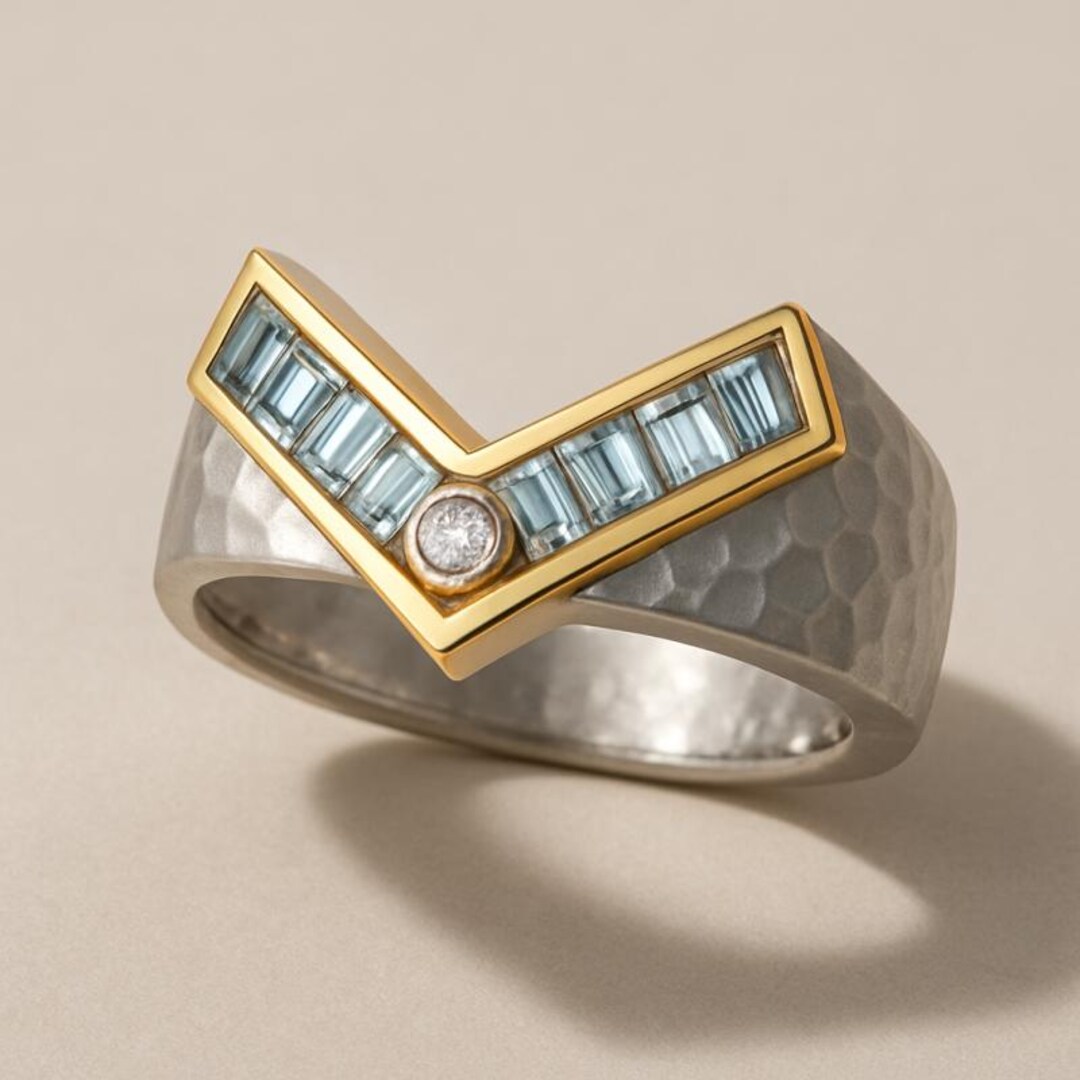Geometric Chevron Ring Sterling Silver Hammered Band Aquamarine Blue ...