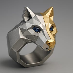 May include: A geometric ring featuring a wolf's head design. The ring is split, with one half in silver and the other in gold. The wolf's eyes are adorned with blue gemstones. The ring is a unique piece of jewelry.