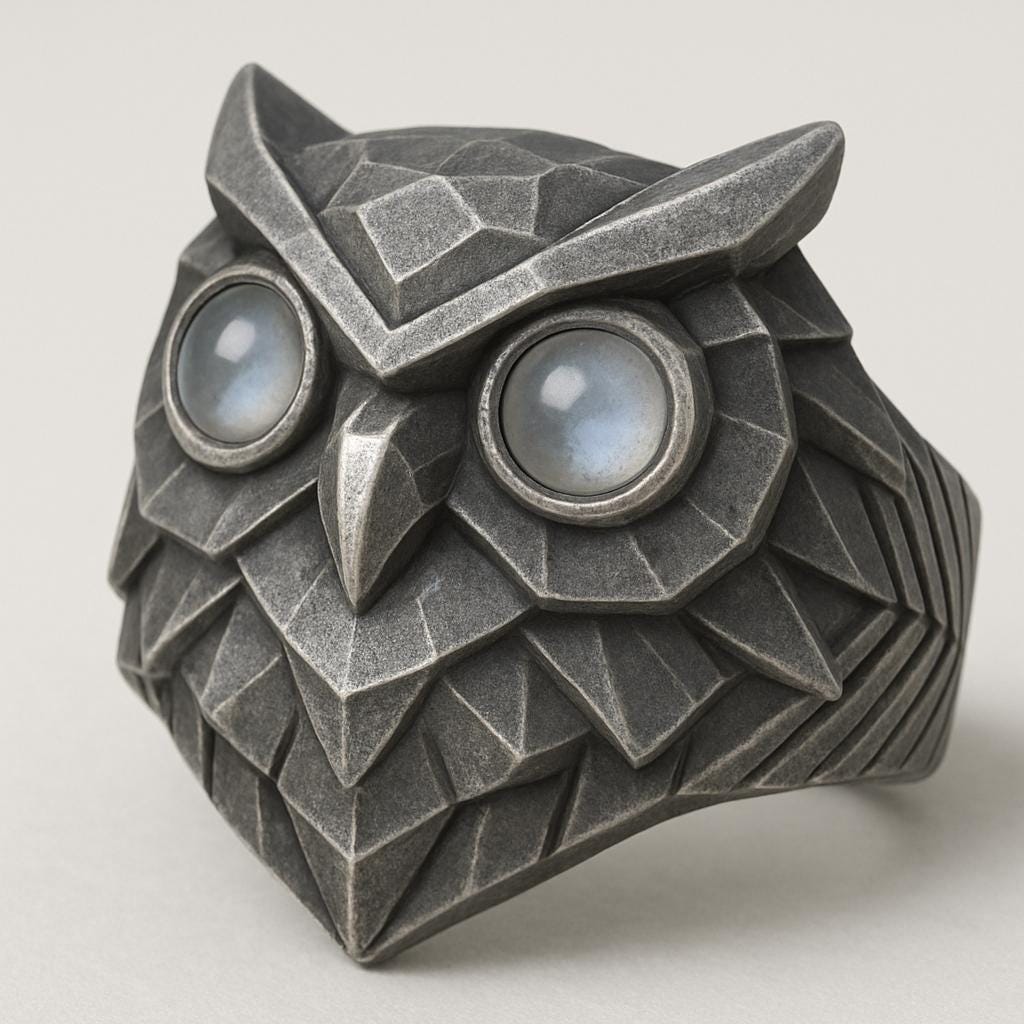 Handmade Sterling Silver Owl Ring, Rainbow Moonstone Eyes, Unisex Jewelry