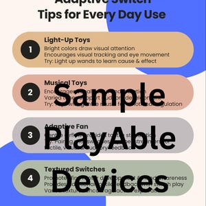 Könnte beinhalten: Ein Poster mit dem Titel "Adaptive Switch Tipps für den täglichen Gebrauch". Es listet vier Arten von adaptiven Geräten auf: Leuchtspielzeug, Musikspielzeug, adaptiver Ventilator und strukturierte Schalter. Die Website ist playabledevices.etsy.com.