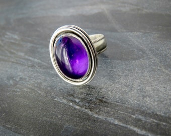 Deep Purple Amethyst Sterling Silver Classic Deco Gothic Witchy ring in your size!