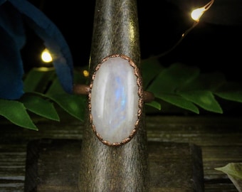 Rainbow Moonstone Witchy Statement Ring Electroform Copper Adjustable