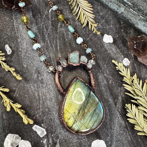 Green Goddess Labradorite and Emerald Talisaman Gothic Witchy Rustic Copper Electroform Necklace