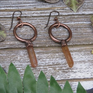 Raw Tangerine Quartz Orange Crystal Witchy Copper Electroformed Dangle Earrings