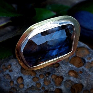 Labradorite Ring Faceted Flashy Chunky Silver and Brass One of a Kind Cocktail Ring Size 8.5