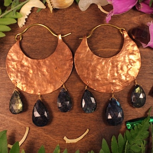 CRESCENT MOON Labradorite Hammered Copper Earweights Hoops Tunnel Plug Dangles Witchy Goth Occult